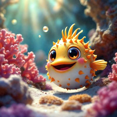 The primary subject of the image is a cute, cartoon-like fish with a big smile on its face. The fish is surrounded by a vibrant and colorful underwater environment, featuring a variety of pink and orange coral. The visual style of the image is a combination of photo and digital art, creating a lively and engaging scene. The colors and mood of the image are cheerful and playful, with the fish's smile and the bright colors of the coral creating a sense of happiness and